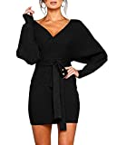 Mansy Women's Sexy Cocktail Batwing Long Sleeve Backless Mock Wrap Knit Sweater Mini Dress (L, Black)