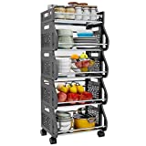 Fruit Vegetable Storage Basket, 5 Tier Stackable Kitchen Baskets Fruit and Vegetable Stand Rack with Wheels, Storage Cart for Kitchen Pantry Closet, Free-Standing Organizer