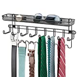 mDesign Closet Wall Mount Men's Accessory Storage Organizer Rack - Holds Belts, Neck Ties, Watches, Change, Sunglasses, Wallets - 19 Hooks and Basket - Black