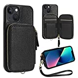 ZVE Wallet Case Compatible with iPhone 13 6.1 inch, Zipper Leather Case with RFID Cards Holder Slots Wristlet Strap Purse, Protective Cover Compatible with iPhone 13 6.1" (2021) - Black