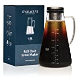 Airtight Cold Brew Iced Coffee Maker (& Iced Tea Maker) with Spout – 1.5L/ 51oz Ovalware RJ3 Brewing Glass Carafe with Removable Stainless Steel Filter