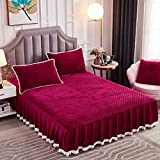 JAUXIO Diamond Quilted Velvet Bedspread Three Sides 18 Inches Deep Ruffles Drop Fitted Sheet Bed Skirt with Tassels Decorative Fringe (Burgundy, Queen)