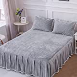 LIFEREVO Luxury Velvet Diamond Quilted Fitted Bed Sheet 3 Side Coverage 18 inch Drop Dust Ruffle Bed Skirt with Pompoms Fringe (Queen Gray)