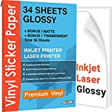 Premium Printable Vinyl Sticker Paper for Inkjet & Laser Printer - 34 Sheets Self-Adhesive Sheets Glossy White Waterproof, Dries Quickly Vivid Colors, Holds Ink well- Tear Resistant