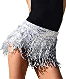 Yollmart Women's Sequins Tassel Skirts Shorts Booty Dance Festival Bottoms-Silver-L