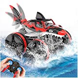 Baztoy Amphibious Remote Control Car, 2.4 GHz 4WD Remote Control Boat, 1:14 Scale Waterproof Off Road RC Shark Truck with Rechargeable Battery, Toy Cars Gifts for Kids Boys Adults (Red)