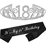 18th Birthday Sash and Tiara for Women - Fabulous Set: Glitter Sash + Waves Rhinestone Silver Premium Metal Tiara, 18th Birthday Gifts for Women Party