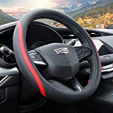 Achiou Leathe Steering Wheel Cover with Red Lines, Universal Steering Wheel Wrap Suitable for 14.5-15.25 Inch, Soft Comfortable and Breathable Car Accessories