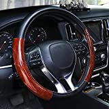 Black Universal Steering Wheel Cover Deluxe fits 15" Middle Size - Light Wood Grain