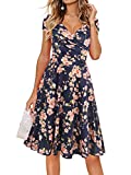 oxiuly Women's V-Neck Cap Sleeve Floral Casual Work Stretchy Swing Dress OX233 (XL, Navy Blue Floral)