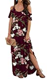 GRECERELLE Women's Summer Strapless Strap Cold Shoulder Casual Loose Dress Cover Up Long Cami Split Floral Print Maxi Dresses with Pocket Wine Red-X-Large