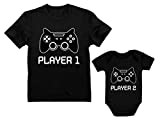 Player One Player Two Dad and Son Matching Shirts Men's T-Shirt & Baby Bodysuit Dad Black Large / Baby Black Newborn (0-3M)