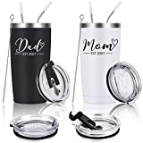 Mom and Dad Travel Tumbler Set Est 2021, Funny Christmas Gifts for New Parents New Pregnancy New Dad New Mom Anniversary, Stainless Steel Insulated Travel Tumbler with 2 Lids(20oz, Black and White)