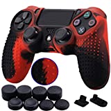 9CDeer 1 Piece of Silicone Studded Dots Protective Sleeve Case Cover Skin + 8 Thumb Grips Analog Caps + 2 dust Proof Plugs for PS4/Slim/Pro Dualshock 4 Controller, Black Red