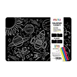 merka Chalkboard Coloring Placemat Reusable Mats 4 Big Sturdy Fun Space Adventure Coloring Art Mats with 4 Color Chalks Spaceships Astronauts Space Coloring Chalk