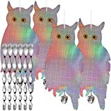 Dyvicl Fake Owl Hanging Reflective Owl for Woodpecker Deterrent 4 Pack, Bonus 6 Reflective Scare Spiral Rods