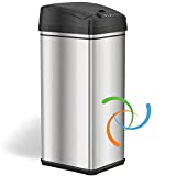 iTouchless 13 Gallon Automatic Trash Can with Odor-Absorbing Filter and Lid Lock, Power by Batteries (not included) or Optional AC Adapter (sold separately), Black / Stainless Steel