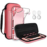 GeeRic 8PCS Case Compatible with Switch Lite, Carrying Case Accessories Kit, 1 Soft Silicon Case + 2 Screen Protector + 4 Thumb Caps + 1 Storage Carrying Coral