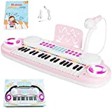 Costzon 37 Keys Electronic Keyboard Piano for Kids, Portable Musical Keyboard with Rhythm Light, Microphone, Recording, Music Stand, 8 Tone Keys, 4 Percussion Instruments (Pink)