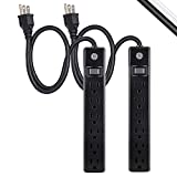 GE 6-Outlet Power Strip, 2 Pack, 2 Ft Extension Cord, Heavy Duty Plug, Grounded, Integrated Circuit Breaker, 3-Prong, Wall Mount, UL Listed, Black, 44180