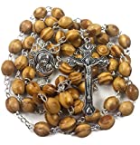 Nazareth Store Catholic Prayer Rosary Olive Wood Beads Necklace Holy Soil Medal with Cross Crucifix - in Velvet Bag