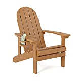 SERWALL Adirondack Chair with Cup Holder, Weather Resistant Lounge Chair Fade-Resistant Outdoor Chair for Fire Pit & Garden, Lawn Furniture Classic Adirondack Chairs Design- Brown