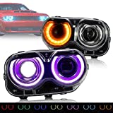 VLAND Multi Color LED Projector RGB Headlights Assembly Compatible for [Dodge Challenger SRT Hellcat Coupe 3rd gen 2015 2016 2017 2018 2019 2020 SE RT] with Dual Beam Lens Colorful DRLs, SET