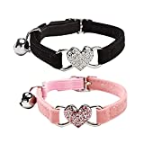 WDPAWS Heart Bling Cat Collar with Safety Belt and Bell Adjustable 8-10 inches for Kitten Cats (Black+Pink)