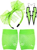 Blulu 80's Lace Headband Neon Earrings Fingerless Fishnet Gloves for 80's Party (Fluorescent Green)