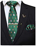 JEMYGINS Festival Silk Necktie Green Santa Claus Snowman Christmas Tie and Pocket Square with Tie Clip and lapel pin Set(5)