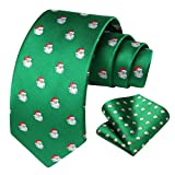 HISDERN Men's Christmas Tie Santa Pattern Woven Party Necktie & Pocket Square Set