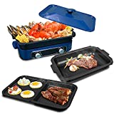Multifunctional Cooking Pot,4 in 1 Indoor Non-Stick Electric Hot Pot and Electric Griddle, Octopus Balls Pan with 3-Gear Temperature Control 4 Plates (Grill Plate & Takoyaki & Pancake&Deep Pot) Blue