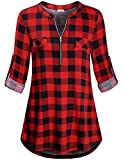 Baikea Womens Christmas Tops,Red Plaid Shirt Long Sleeve Stylish Zip Up Stand Collar Petite Tops Xmas Funny Tartan Slant Stripes Festival Clothing Red & Black Plaid S