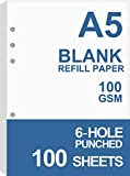 A5 Blank Paper, Refills for Filofax Planner, Organizer, Binders, 6 Hole Punched, 100 Sheets/200 Pages, 100gsm, White, 5.8 x 8.2 Inch