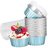 Cupcake Cups with Lids, 25 pcs 5 oz Blue Aluminum Foil Dessert Baking Cups Holders, Cupcake Bake Utility Ramekin Clear Pudding Cups for Wedding,Christmas,Kitchen,Birthday Party,Various Holiday Parties