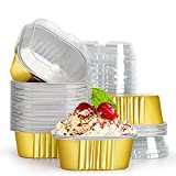 Baking Cups Aluminum Foil, Eusoar 10oz 50pcs Reusable Cupcake Cups with Lids, 300ml Pie Ramekins, Desserts Flans, Creme Brulee Crisp Cups, Pudding Jello Cups, Catering Party Favor-Gold