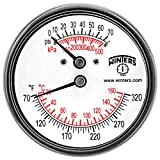 Winters TTD Series Steel Dual Scale Tridicator Thermometer with 2" Stem, 0-75psi/kpa, 2-1/2" Dial Display, 3-2-3% Accuracy, 1/4" NPT Back Mount, 70-320 Deg F/C