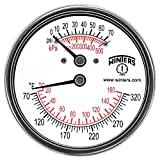 Winters TTD Series Steel Dual Scale Tridicator Thermometer with 2" Stem, 0-75psi/kpa, 2-1/2" Dial Display, 3-2-3% Accuracy, 1/4" NPT Extension Back, 70-320 Deg F/C