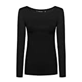 OThread & Co. Women's Long Sleeve T-Shirt Scoop Neck Basic Layer Stretchy Shirts (X-Large, Black)