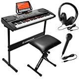 Hamzer 61-Key Electronic Keyboard Portable Digital Music Piano with Lighted Keys, H Stand, Stool, Headphones Microphone, & Sticker Set