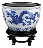 16" Porcelain Blue and White Fishbowl , Fish Bowl Two Dragons Playing with Super Pearl Chinese