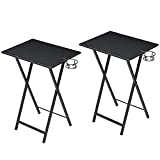 VECELO Folding TV Trays Set of 2 Snack Eating Tables with Cup Holder,Suitable for Couch, Kitchen,Living Room and Bedroom,Stable Metal Frame,Easy Assembly and Storage, Black