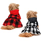 2 Pieces Knitted Plaid Dog Hoodie Dress Warm Soft Dog Sweater Skirt Outfit with Hat Autumn and Winter Pet Coat Clothes with Leash Hole for Small Medium Puppy Wearing (S)