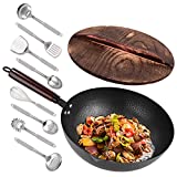 Leidawn 12.8" Carbon Steel Wok - 11Pcs Woks & Stir Fry Pans with Wooden Handle and Lid,10 Cookware Accessories,For Electric,Induction and Gas Stoves