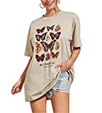 Meladyan Women’s Butterfly Printed Graphic Loose Tee Short Sleeve Round Neck Loose Tshirt Tops (Medium, Apricot)