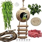 Hamiledyi Crested Gecko Coco Hut Natural Reptile Coconut Hideouts Lizard Water Food Bowls Climbing Porch Hiding Sleeping Breeding Pad Jungle Vine Flexible Reptile Leaves for Bearded Dragon 6PCS