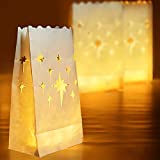 Homemory 50 PCS White Luminary Bags, Flame Resistant Candle Bags, Stars Design Luminaries for Wedding, Party, Halloween, Thanksgiving, Christmas