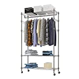 Heavy Duty Clothes Rack, Adjustable Rolling Garment Rack with Shelves V frame, Freestanding Wardrobe Rack including 1 Clothes Hanging Bar, 3 tired Wire Shelving, 4 Hanger Hooks - Hold Up to 400Lbs (Gray, 1Rod 4Hook)