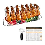 QuliMetal Chicken Leg Wing Grill Rack for Grill Smoker or Oven,14 Slots Stainless Steel Barbecue Roaster Stand & Drip Pan for Cooking Vegetables, BBQ Grill Scraper, Magnetic Meat Smoking Guide