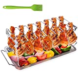 Chicken Leg Wing Grill Rack, BBQ Chicken Drumsticks Rack Stainless Steel Roaster Stand with Drip Pan, Hang Up to 14 Chicken Legs or Wings, Great easy to grill smoke wings in grill or smoker